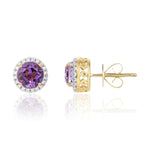 9ct Yellow Gold Round Natural Amethyst & Diamond Claw Set Cluster Stud Earrings — 6mm