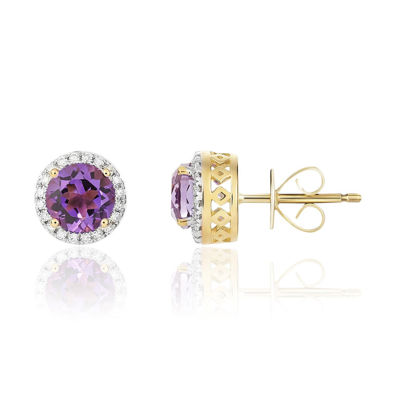 9ct Yellow Gold Round Natural Amethyst & Diamond Claw Set Cluster Stud Earrings — 6mm