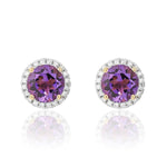 9ct Yellow Gold Round Natural Amethyst & Diamond Claw Set Cluster Stud Earrings — 6mm