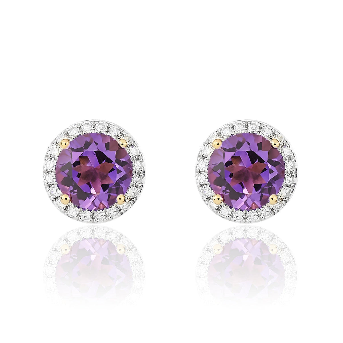 9ct Yellow Gold Round Natural Amethyst & Diamond Claw Set Cluster Stud Earrings — 6mm