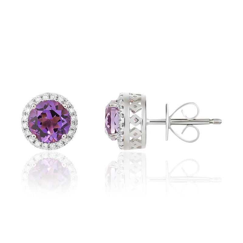 9ct White Gold Round Natural Amethyst & Diamond Claw Set Cluster Stud Earrings — 6mm