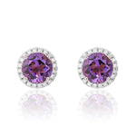 9ct White Gold Round Natural Amethyst & Diamond Claw Set Cluster Stud Earrings — 6mm