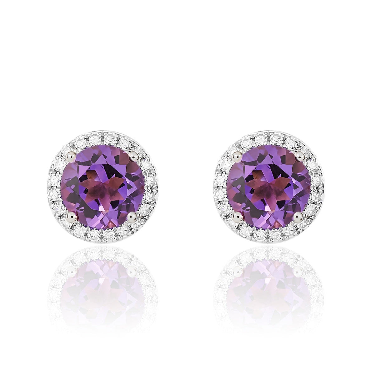 9ct White Gold Round Natural Amethyst & Diamond Claw Set Cluster Stud Earrings — 6mm