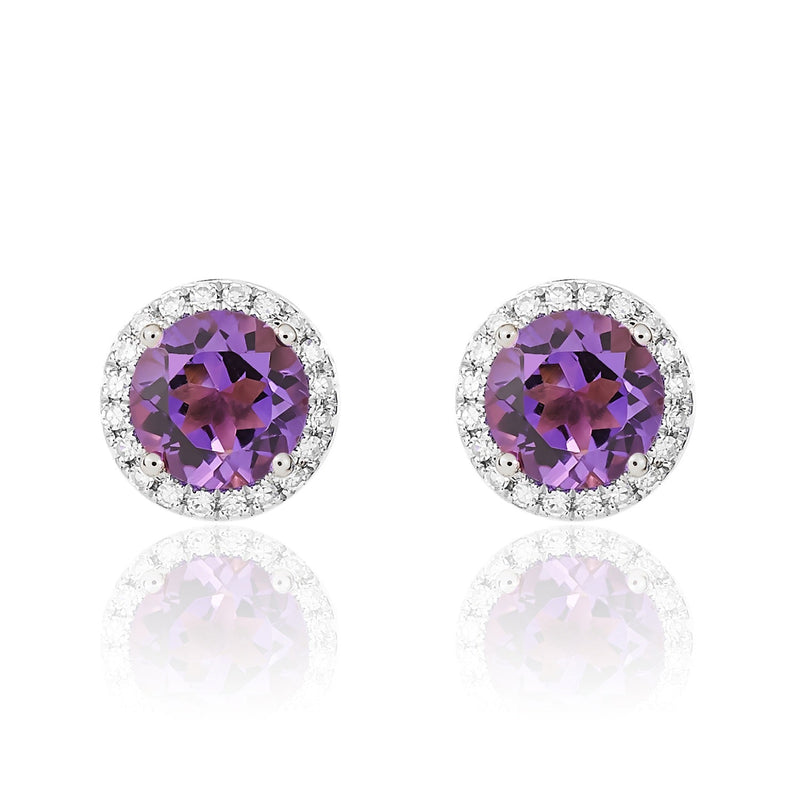 9ct White Gold Round Natural Amethyst & Diamond Claw Set Cluster Stud Earrings — 6mm