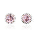 9ct Rose Gold Round Natural Pink Amethyst & Diamond Claw Set Cluster Stud Earrings — 6mm