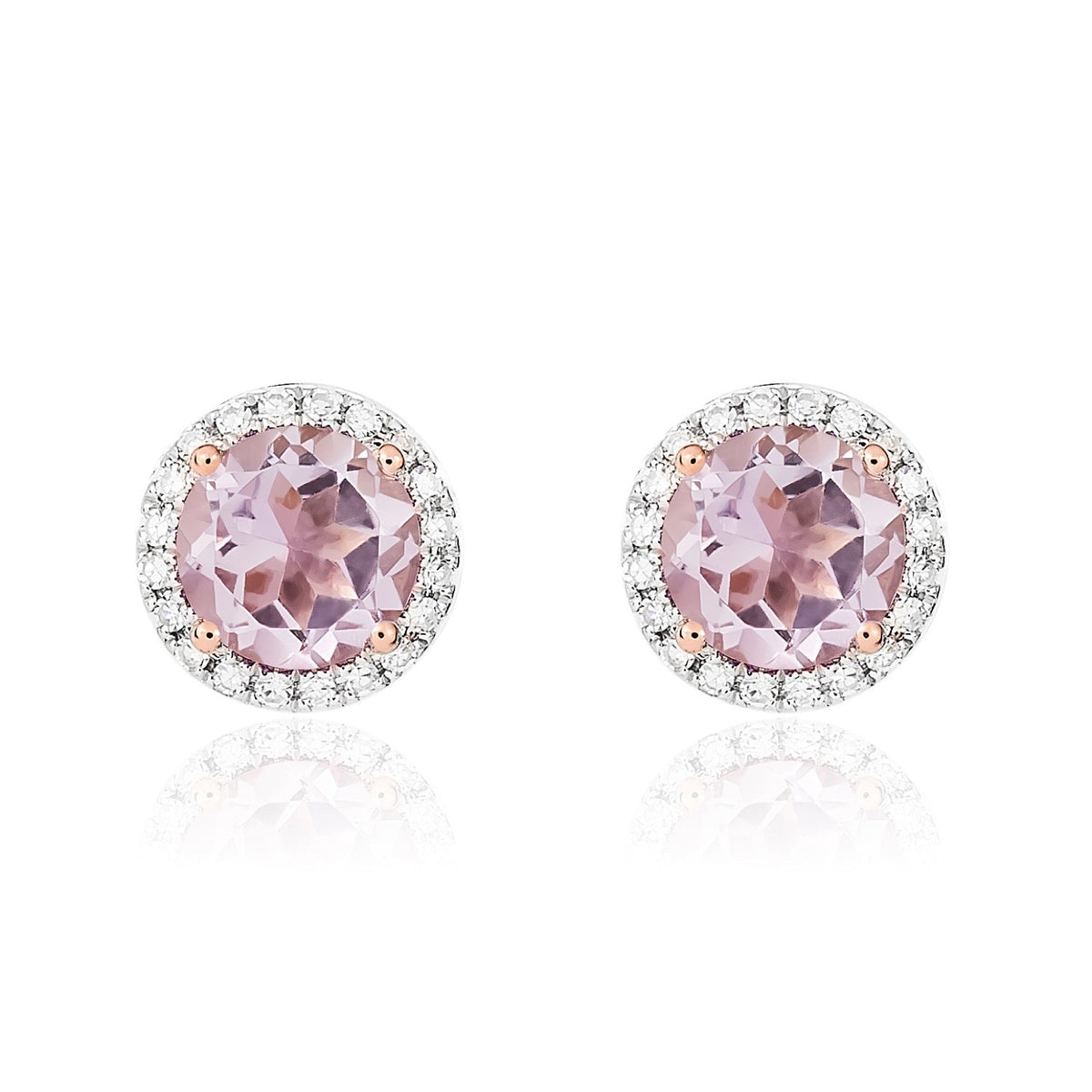 9ct Rose Gold Round Natural Pink Amethyst & Diamond Claw Set Cluster Stud Earrings — 6mm