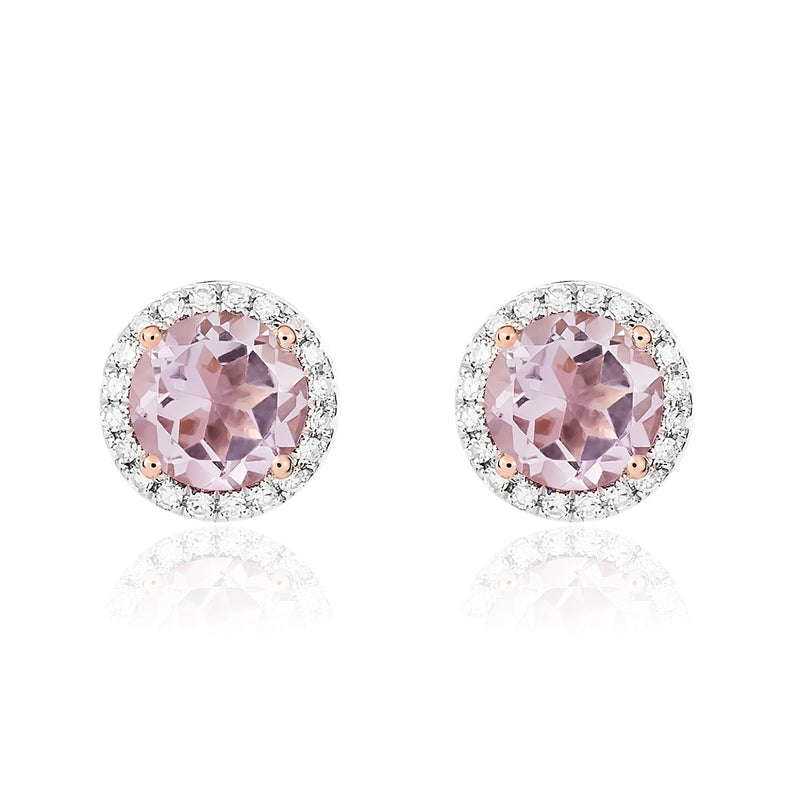 9ct Rose Gold Round Natural Pink Amethyst & Diamond Claw Set Cluster Stud Earrings — 6mm