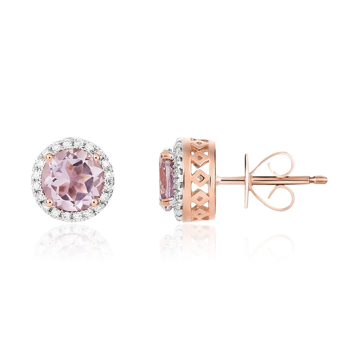 9ct Rose Gold Round Natural Pink Amethyst & Diamond Claw Set Cluster Stud Earrings — 6mm