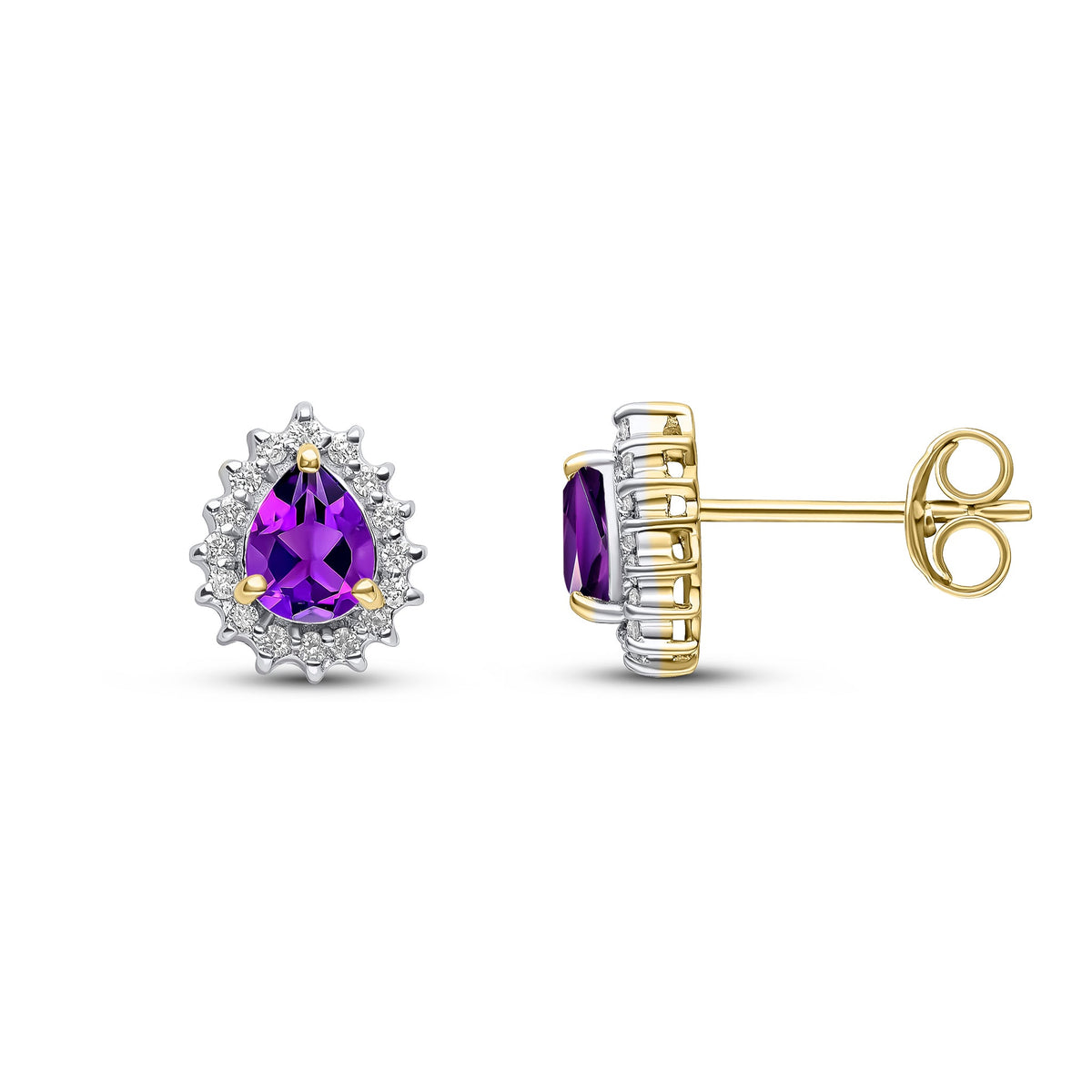9ct Yellow Gold Pear Shaped Natural Amethyst & Diamond Claw Set Cluster Stud Earrings — 5x4mm