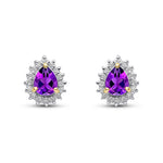 9ct Yellow Gold Pear Shaped Natural Amethyst & Diamond Claw Set Cluster Stud Earrings — 5x4mm