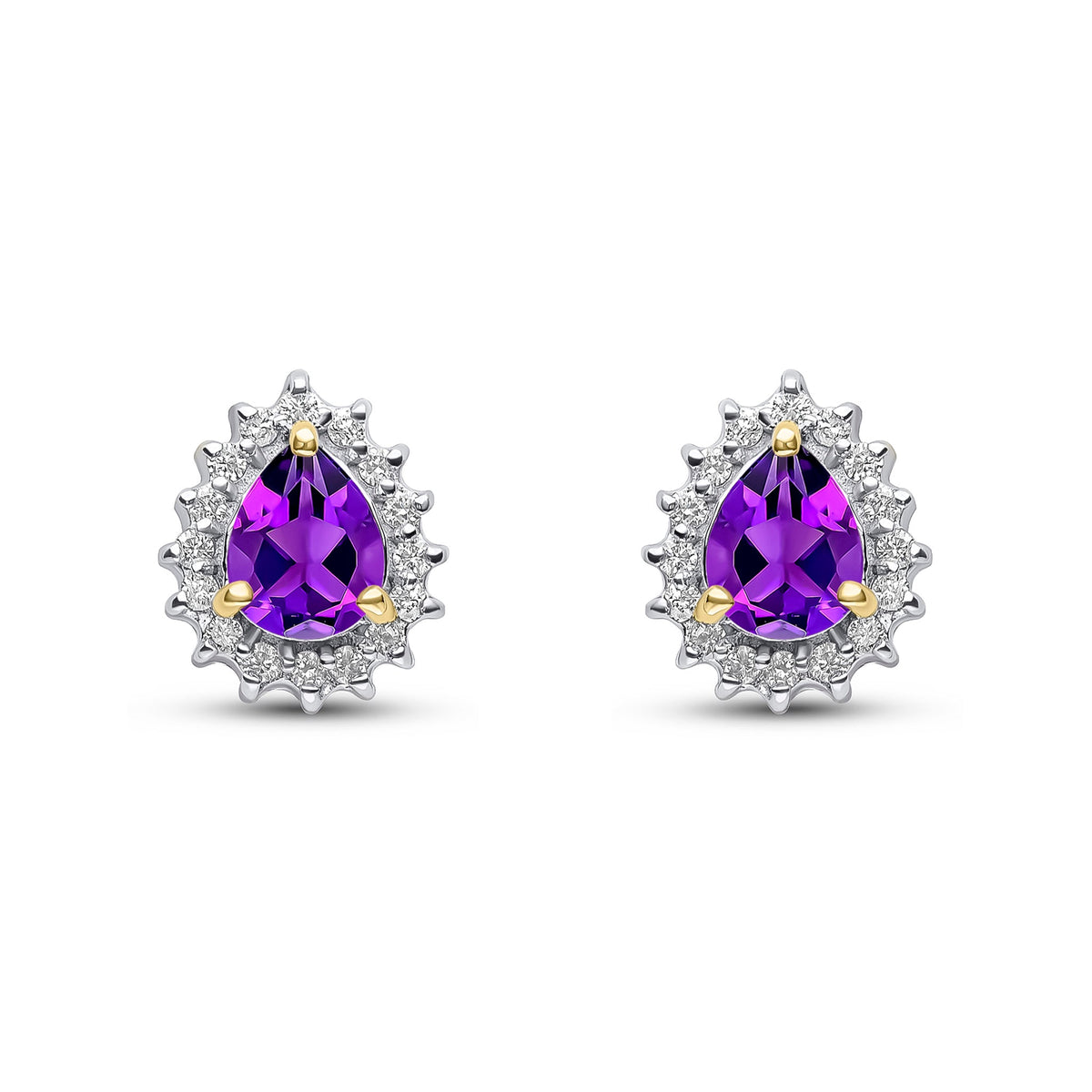 9ct Yellow Gold Pear Shaped Natural Amethyst & Diamond Claw Set Cluster Stud Earrings — 5x4mm