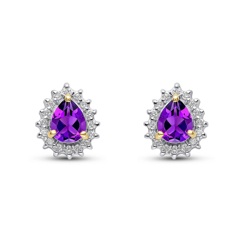 9ct Yellow Gold Pear Shaped Natural Amethyst & Diamond Claw Set Cluster Stud Earrings — 5x4mm