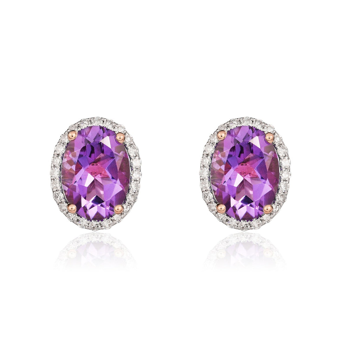 9ct Rose Gold Oval Natural Amethyst & Diamond Claw Set Cluster Stud Earrings — 8x6mm
