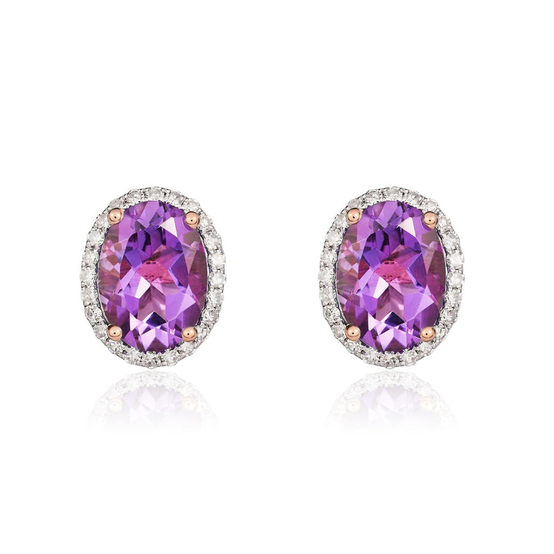 9ct Rose Gold Oval Natural Amethyst & Diamond Claw Set Cluster Stud Earrings — 8x6mm