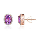 9ct Rose Gold Oval Natural Amethyst & Diamond Claw Set Cluster Stud Earrings — 8x6mm