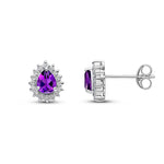 9ct White Gold Pear Shaped Natural Amethyst & Diamond Claw Set Cluster Stud Earrings — 5x4mm