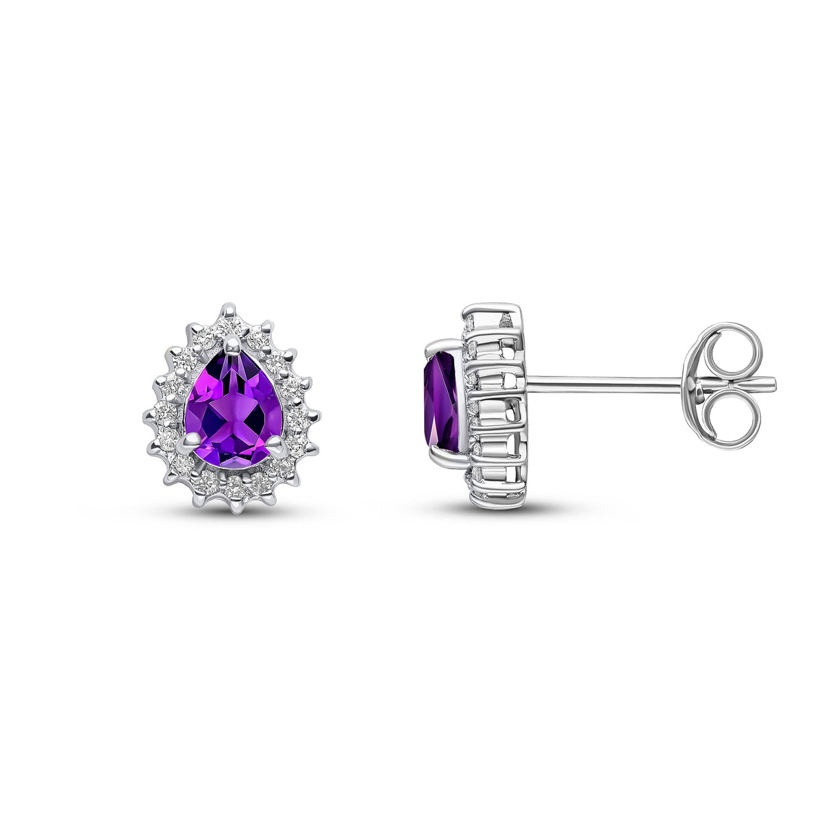 9ct White Gold Pear Shaped Natural Amethyst & Diamond Claw Set Cluster Stud Earrings — 5x4mm