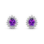9ct White Gold Pear Shaped Natural Amethyst & Diamond Claw Set Cluster Stud Earrings — 5x4mm