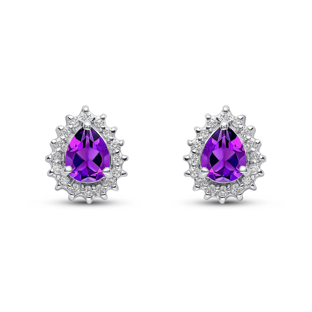 9ct White Gold Pear Shaped Natural Amethyst & Diamond Claw Set Cluster Stud Earrings — 5x4mm