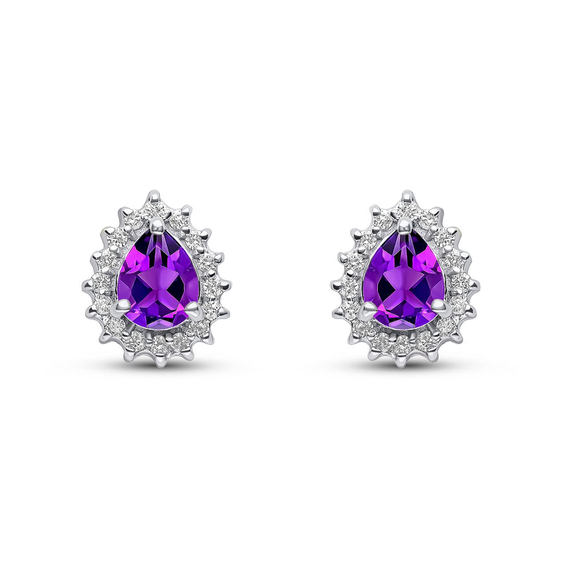 9ct White Gold Pear Shaped Natural Amethyst & Diamond Claw Set Cluster Stud Earrings — 5x4mm