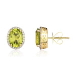 9ct Yellow Gold Oval Natural Peridot & Diamond Claw Set Cluster Stud Earrings — 8x6mm