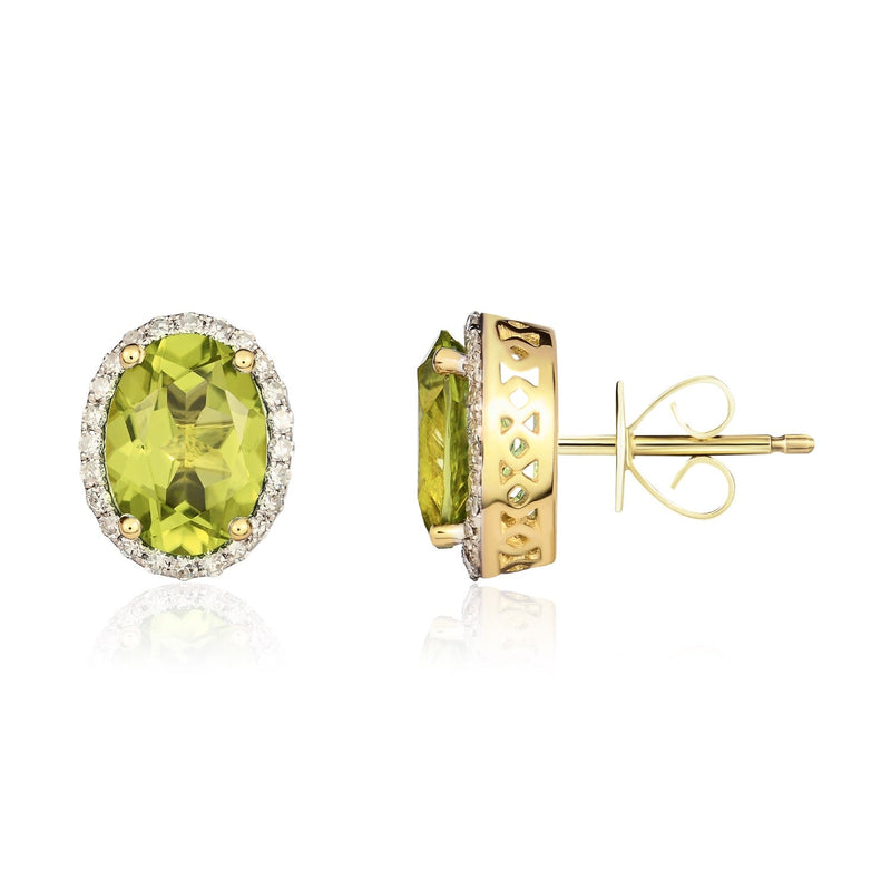 9ct Yellow Gold Oval Natural Peridot & Diamond Claw Set Cluster Stud Earrings — 8x6mm