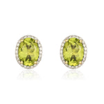 9ct Yellow Gold Oval Natural Peridot & Diamond Claw Set Cluster Stud Earrings — 8x6mm