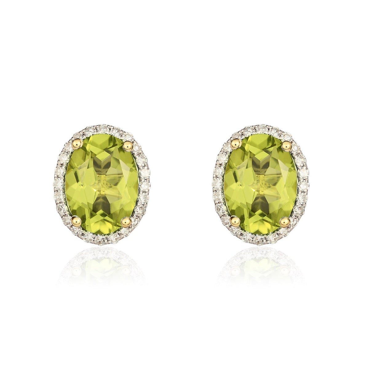 9ct Yellow Gold Oval Natural Peridot & Diamond Claw Set Cluster Stud Earrings — 8x6mm