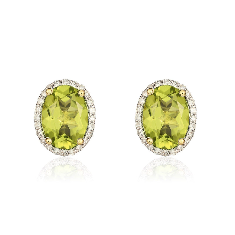 9ct Yellow Gold Oval Natural Peridot & Diamond Claw Set Cluster Stud Earrings — 8x6mm