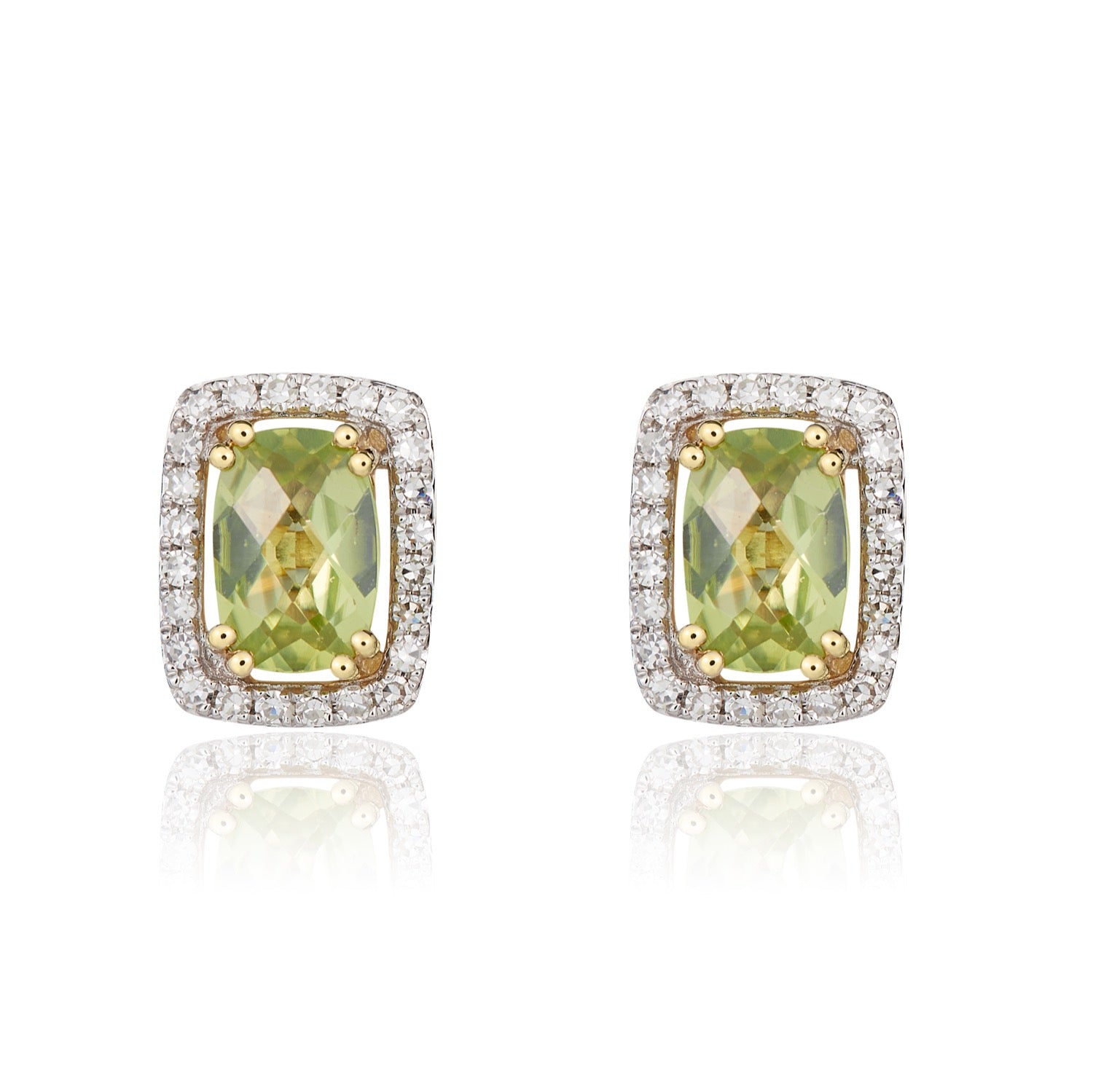 9CT Yellow Gold Octagonal Cushion Peridot & Diamond Cluster Earrings — 6x4mm