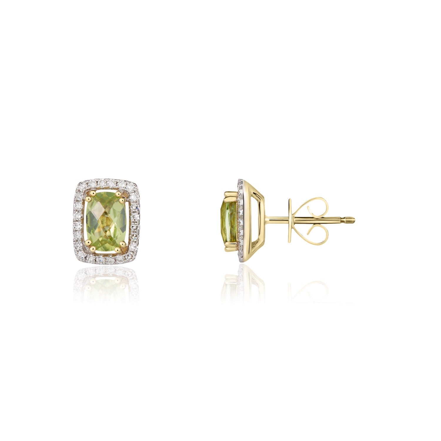 9CT Yellow Gold Octagonal Cushion Peridot & Diamond Cluster Earrings — 6x4mm