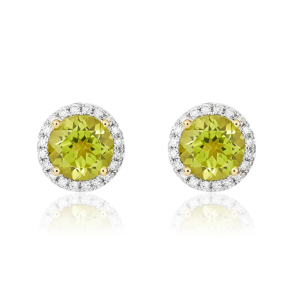 9ct Yellow Gold Round Natural Peridot & Diamond Claw Set Cluster Stud Earrings — 6mm