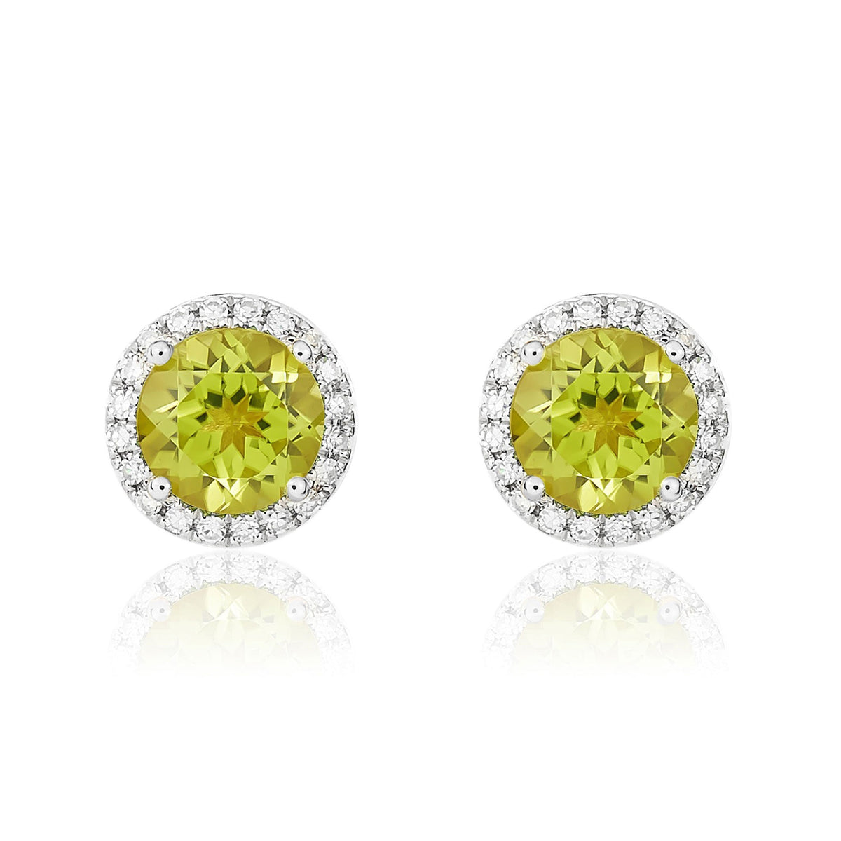 9ct White Gold Round Natural Peridot & Diamond Claw Set Cluster Stud Earrings — 6mm