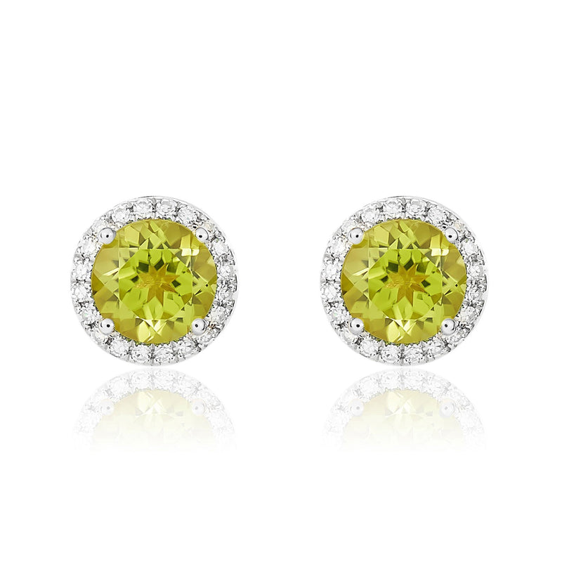 9ct White Gold Round Natural Peridot & Diamond Claw Set Cluster Stud Earrings — 6mm