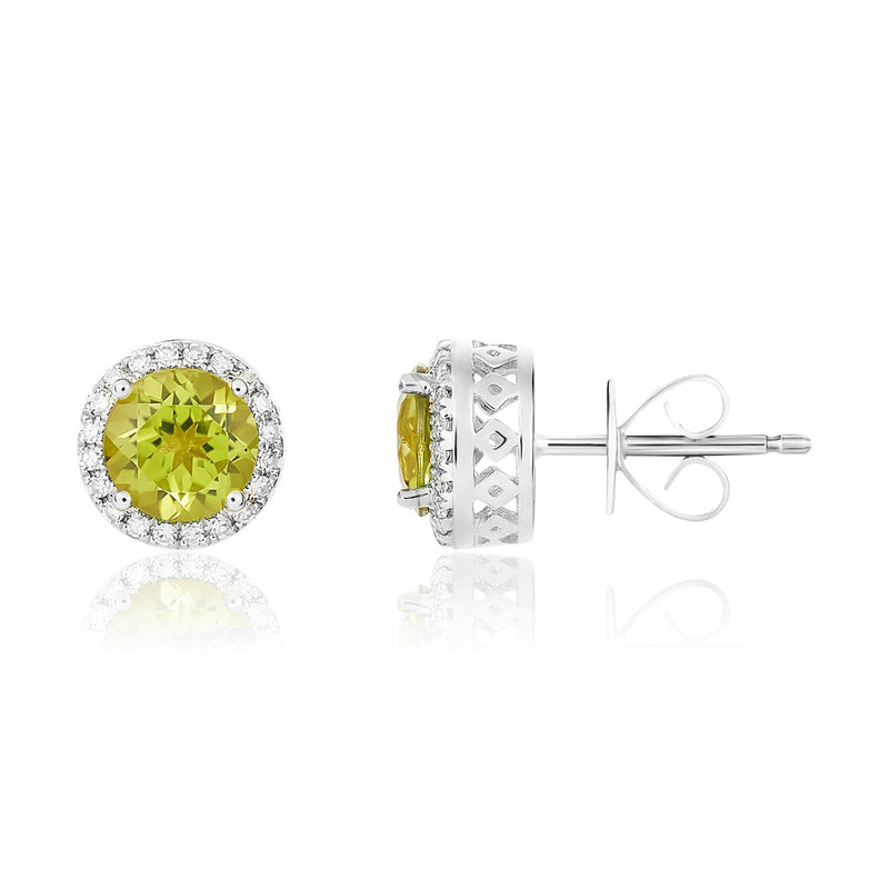9ct White Gold Round Natural Peridot & Diamond Claw Set Cluster Stud Earrings — 6mm