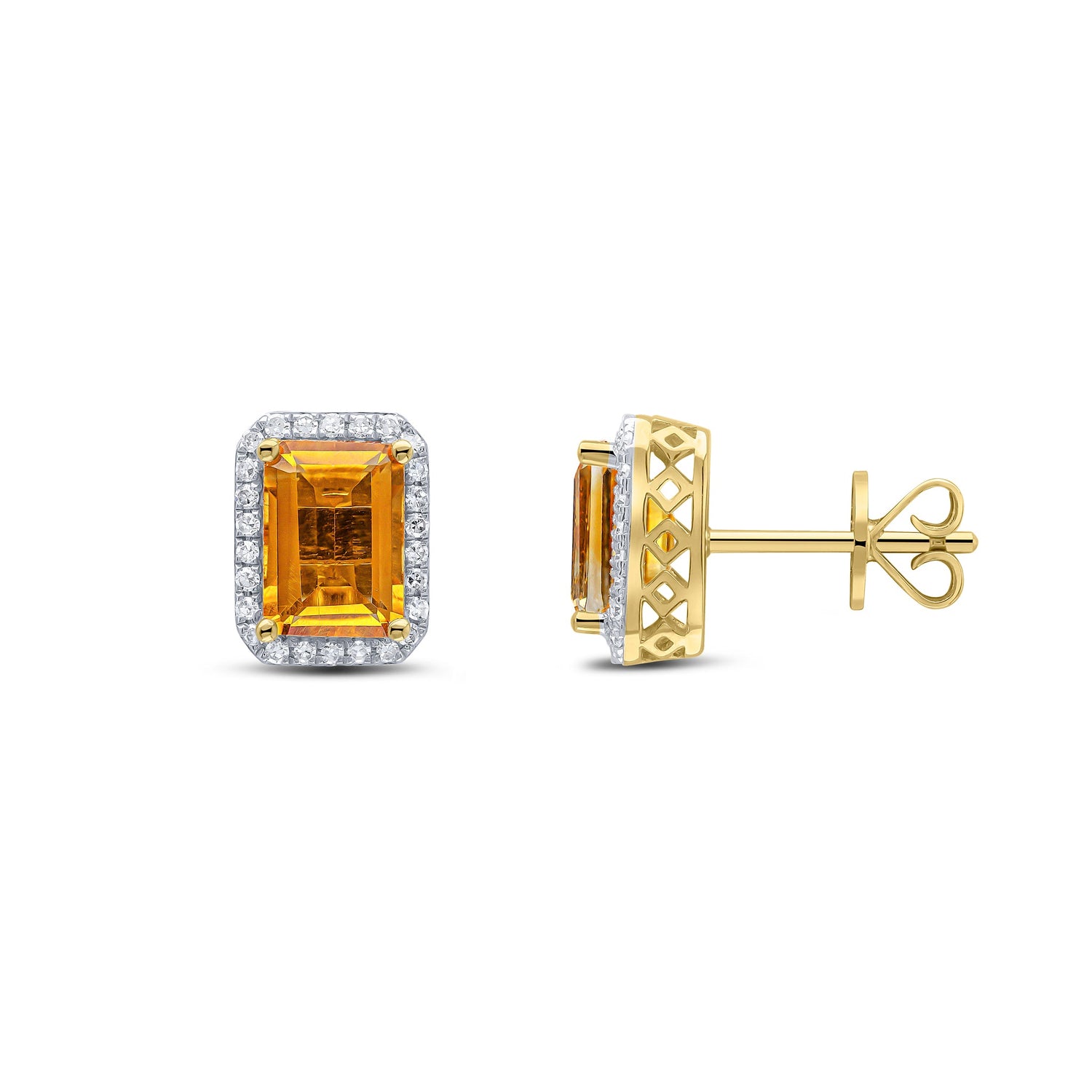 9ct Yellow Gold Octagonal Emerald Cut Natural Citrine and Diamond Cluster Earrings — 7x5mm