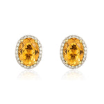 9ct Yellow Gold Oval Natural Citrine & Diamond Claw Set Cluster Stud Earrings — 8x6mm