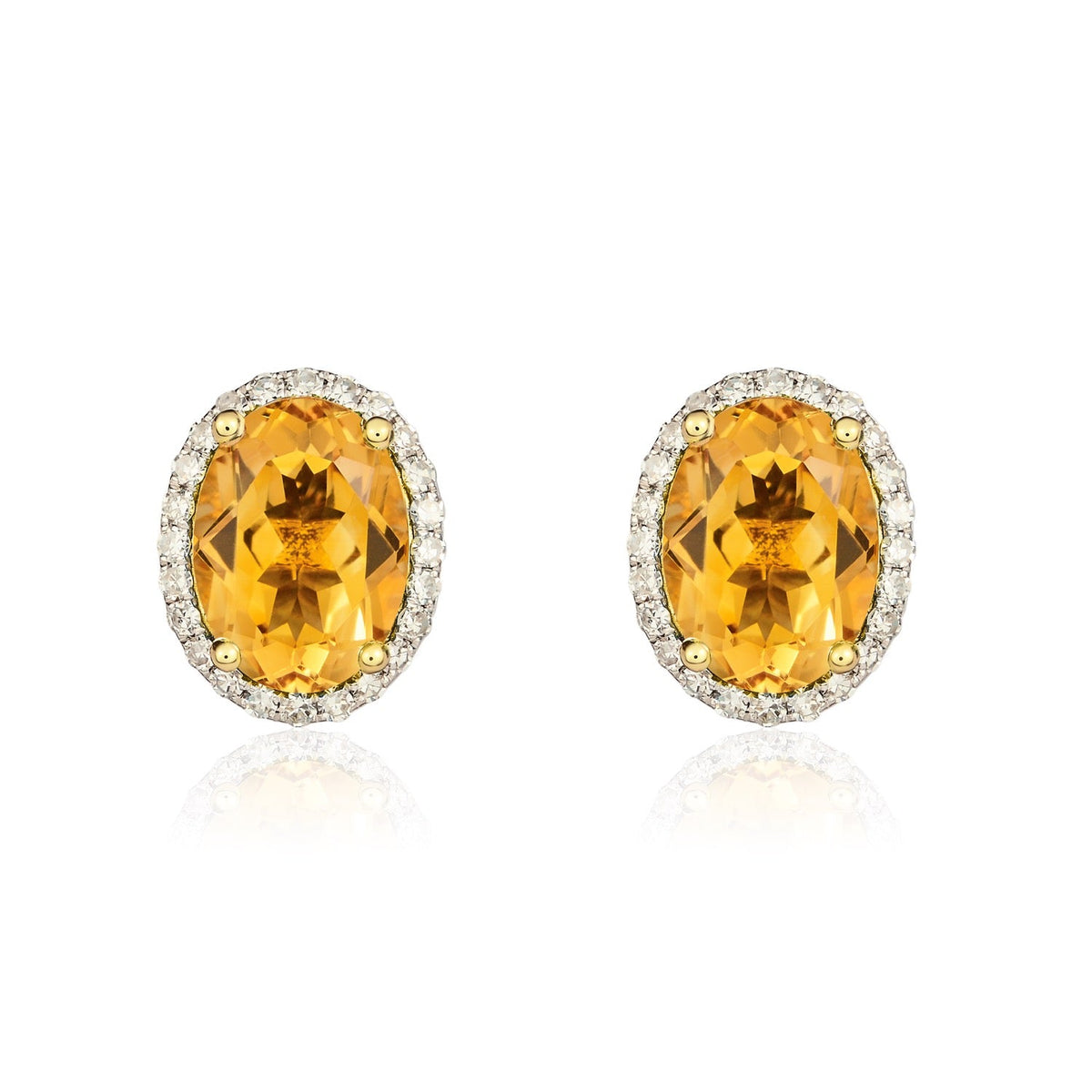 9ct Yellow Gold Oval Natural Citrine & Diamond Claw Set Cluster Stud Earrings — 8x6mm