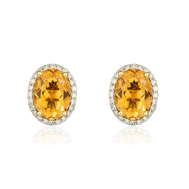 9ct Yellow Gold Oval Natural Citrine & Diamond Claw Set Cluster Stud Earrings — 8x6mm
