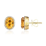 9ct Yellow Gold Oval Natural Citrine & Diamond Claw Set Cluster Stud Earrings — 8x6mm