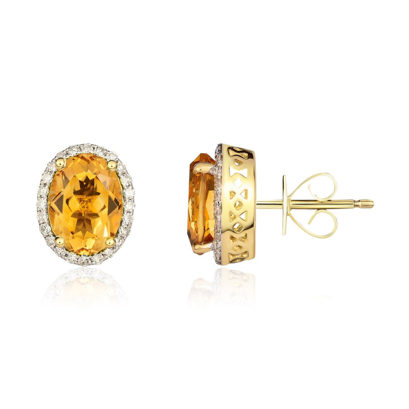 9ct Yellow Gold Oval Natural Citrine & Diamond Claw Set Cluster Stud Earrings — 8x6mm
