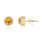 9ct Yellow Gold Round Natural Citrine & Diamond Claw Set Cluster Stud Earrings — 6mm
