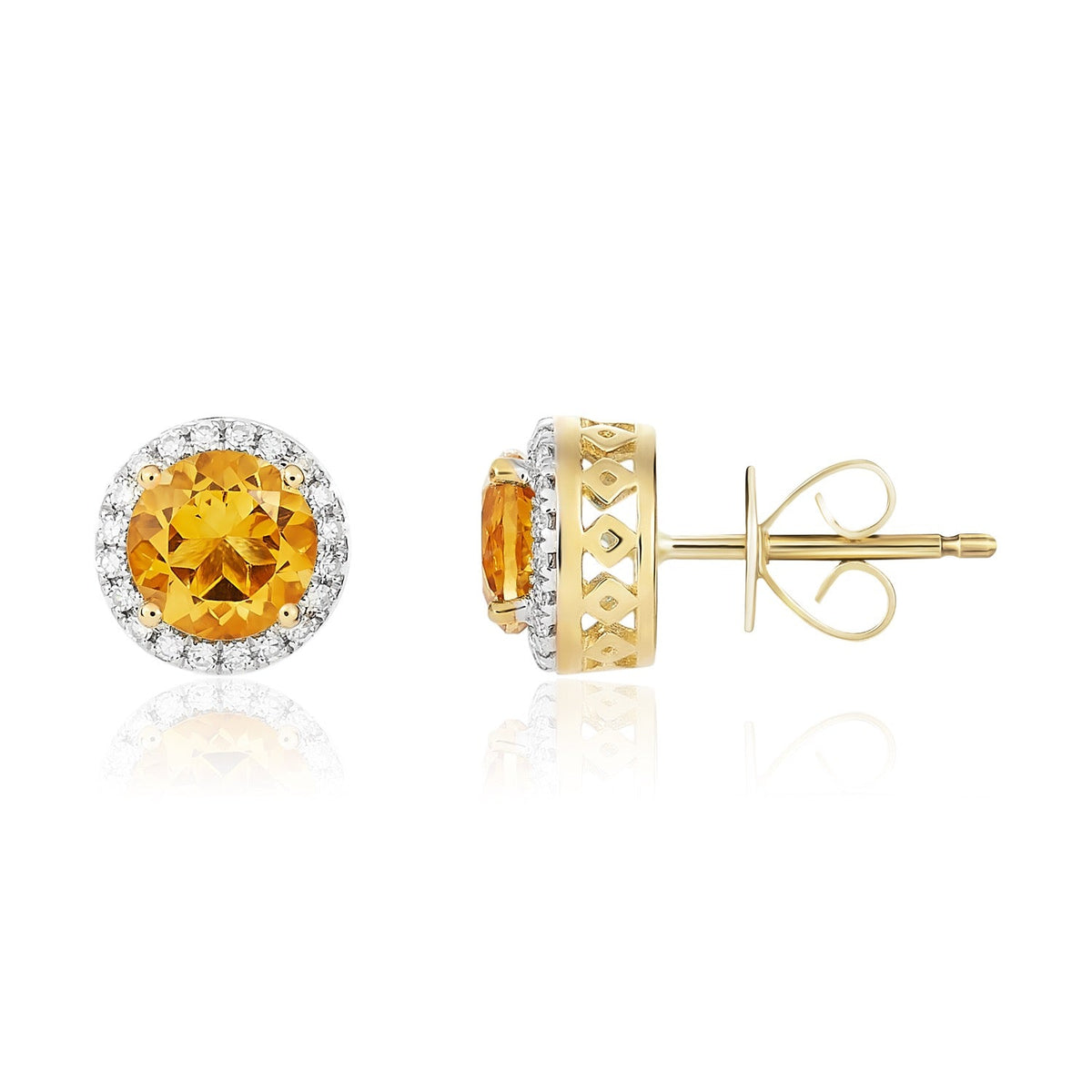 9ct Yellow Gold Round Natural Citrine & Diamond Claw Set Cluster Stud Earrings — 6mm