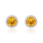 9ct Yellow Gold Round Natural Citrine & Diamond Claw Set Cluster Stud Earrings — 6mm
