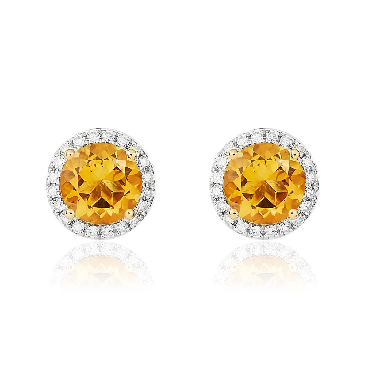 9ct Yellow Gold Round Natural Citrine & Diamond Claw Set Cluster Stud Earrings — 6mm