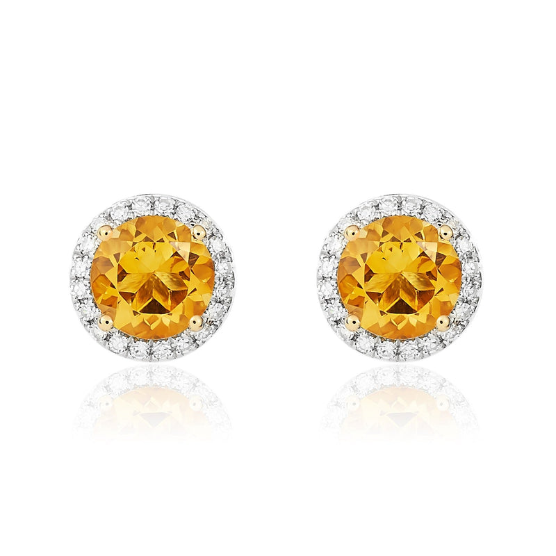 9ct Yellow Gold Round Natural Citrine & Diamond Claw Set Cluster Stud Earrings — 6mm