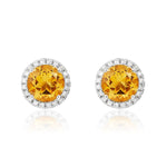 9ct White Gold Round Natural Citrine & Diamond Claw Set Cluster Stud Earrings — 6mm