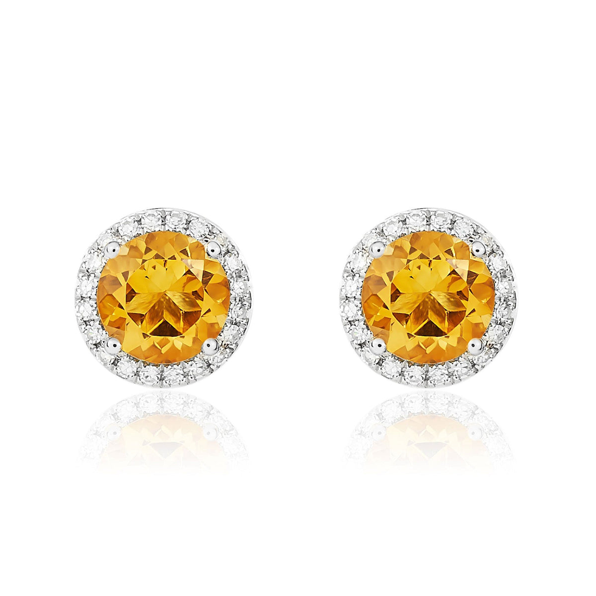 9ct White Gold Round Natural Citrine & Diamond Claw Set Cluster Stud Earrings — 6mm