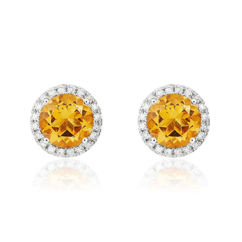 9ct White Gold Round Natural Citrine & Diamond Claw Set Cluster Stud Earrings — 6mm