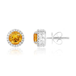 9ct White Gold Round Natural Citrine & Diamond Claw Set Cluster Stud Earrings — 6mm